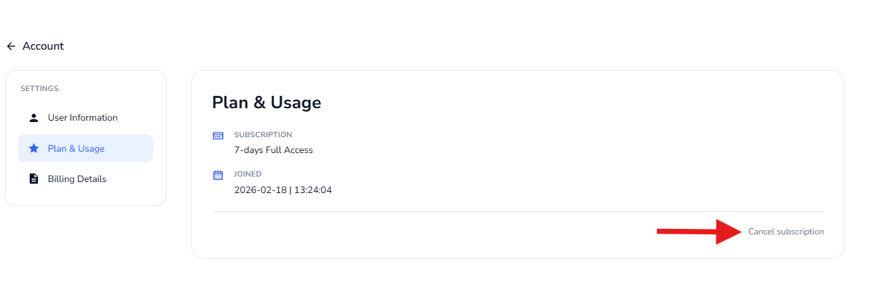 Cancel Subscription in Plan & Usage settings